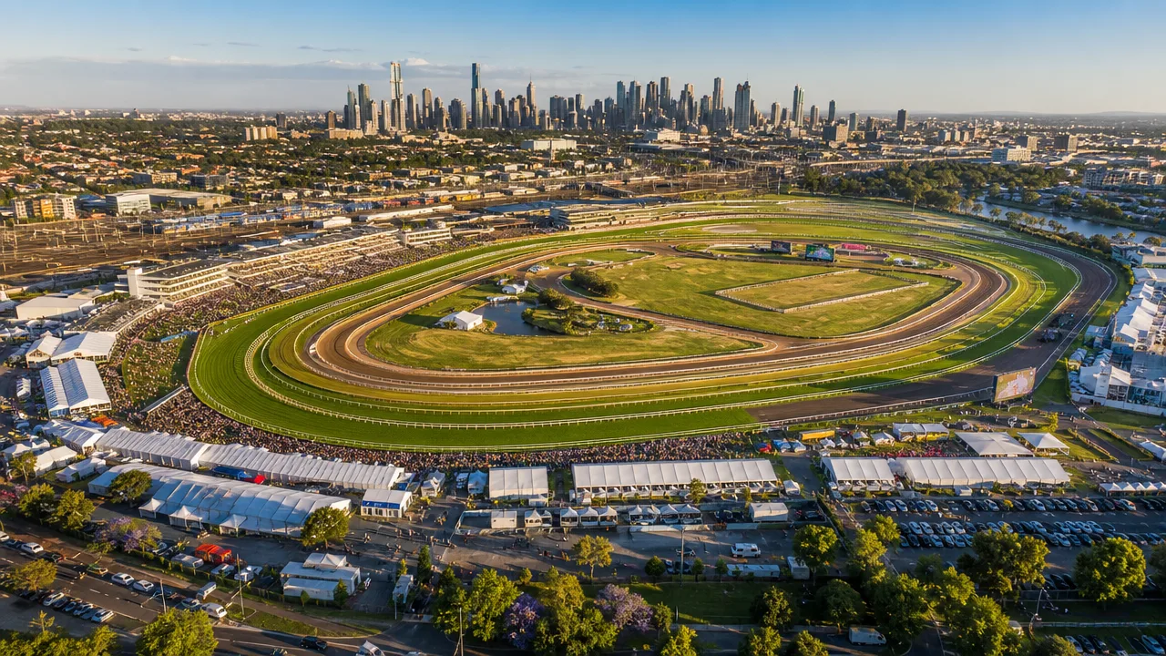 Aerial view of Flemington Racecourse with Melbourne CBD skyline at golden hour