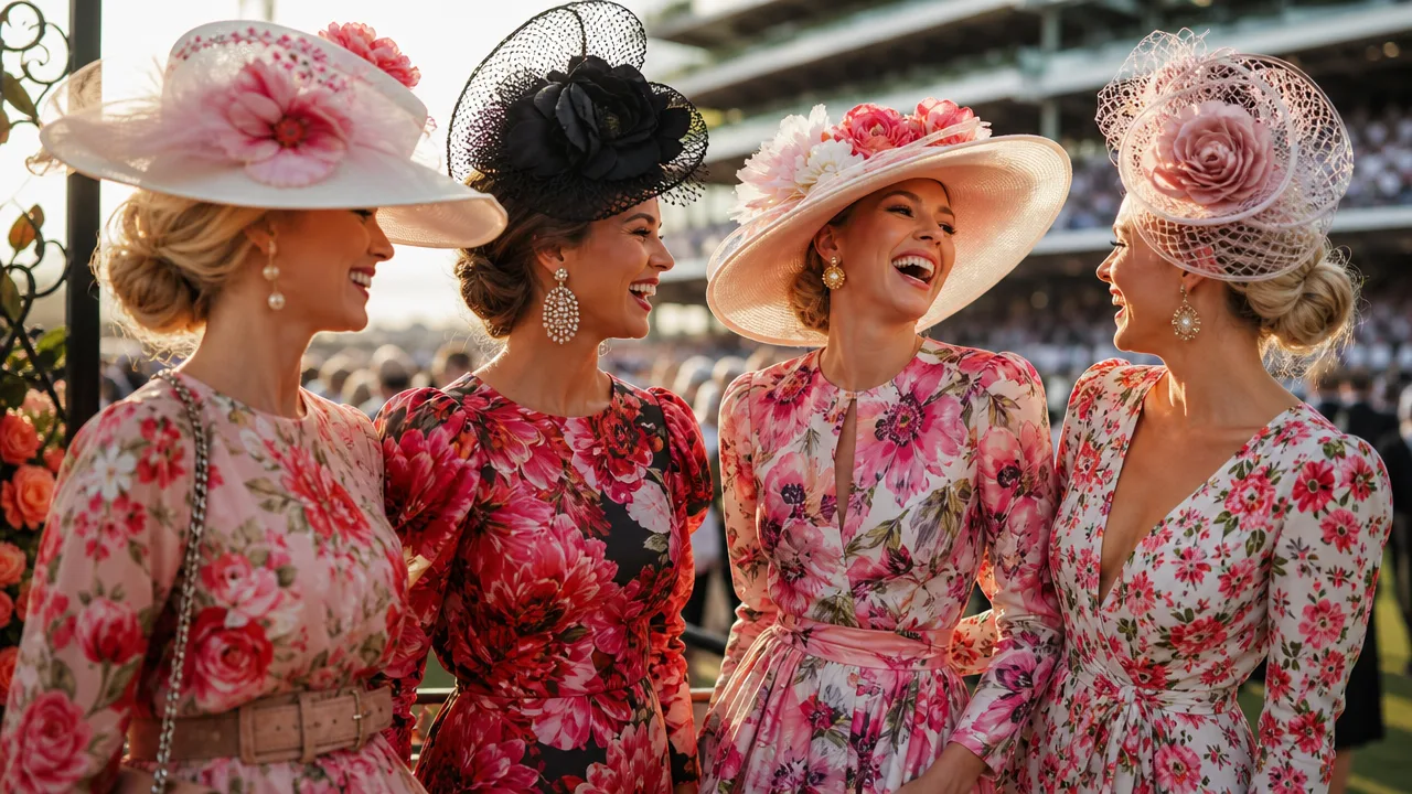 Elegantly dressed women in floral dresses and statement hats at Flemington Racecourse