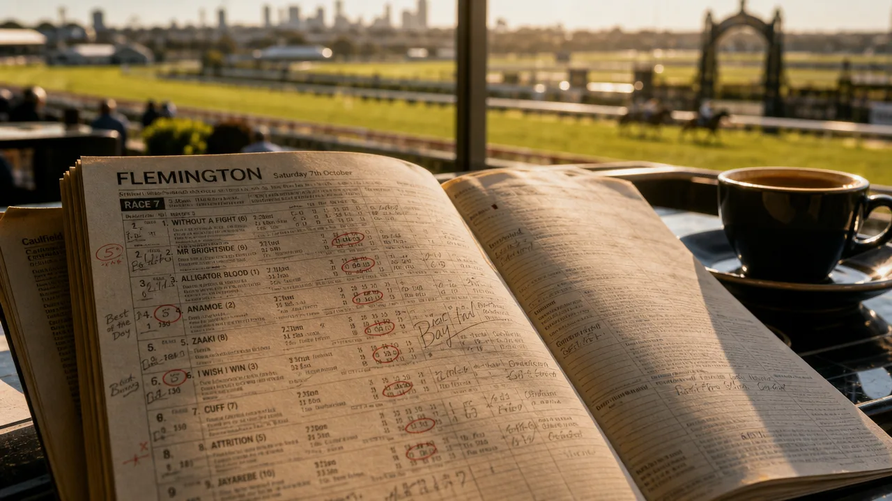 Open racing form guide at Flemington Racecourse with a cup of tea