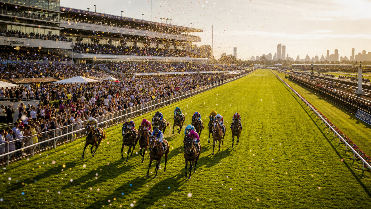 Thoroughbred horses racing at Flemington Racecourse, Melbourne