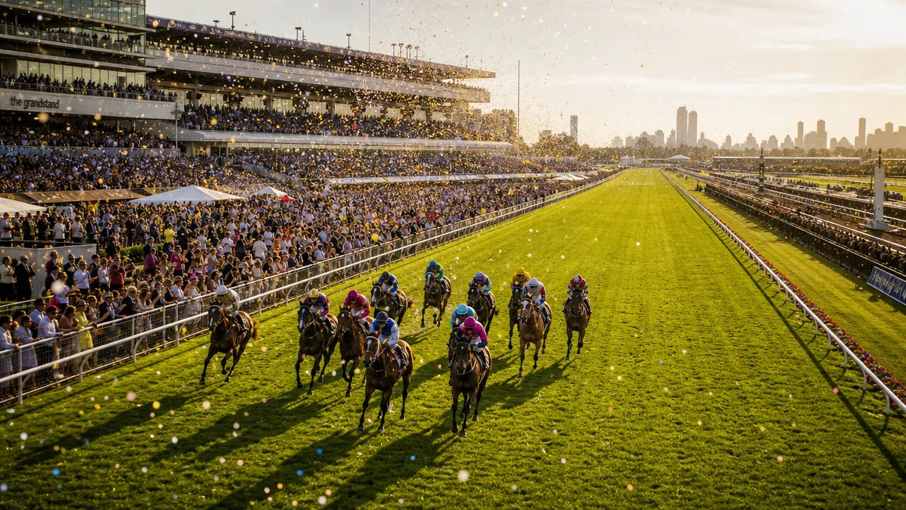 Thoroughbred horses racing at Flemington Racecourse, Melbourne