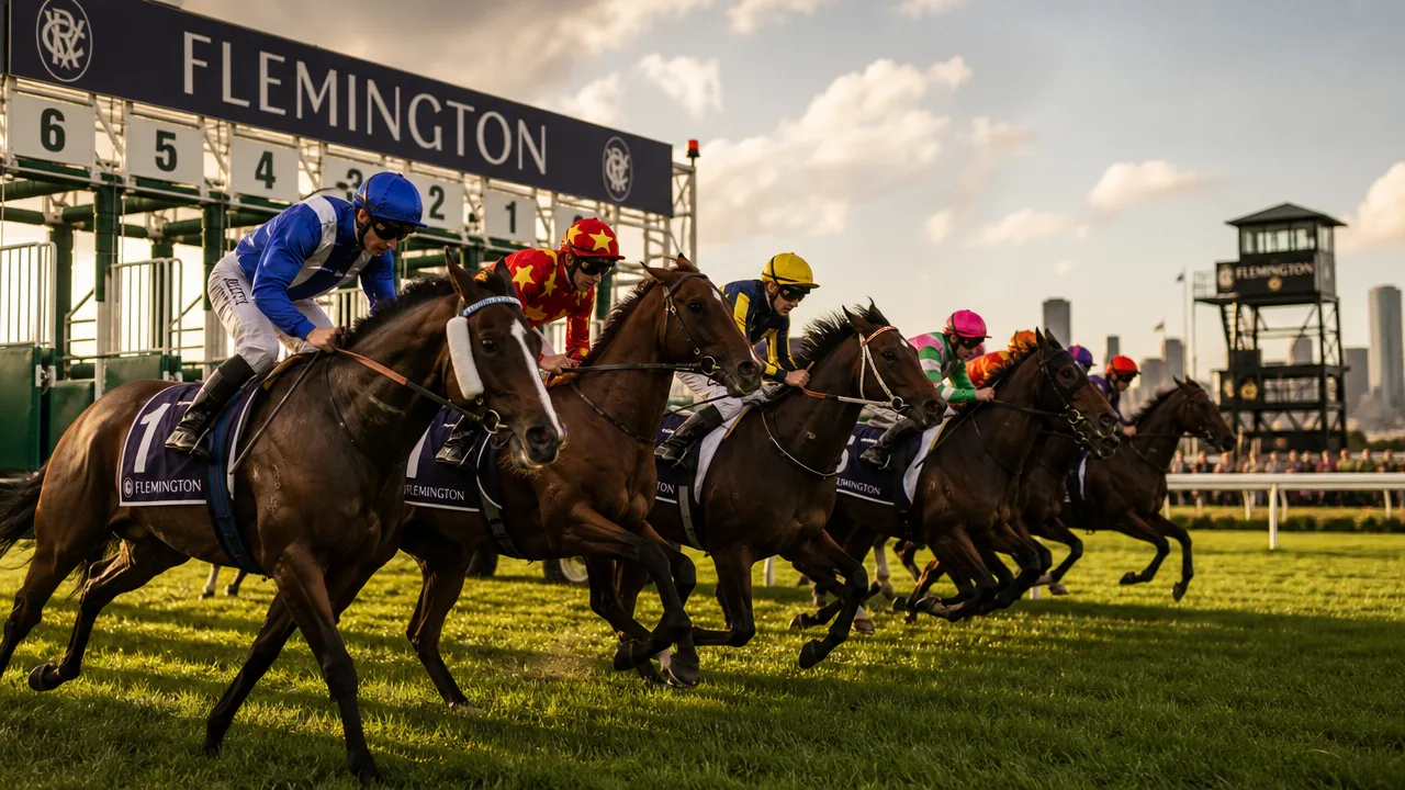 Thoroughbred horses breaking from the gates at Flemington Racecourse