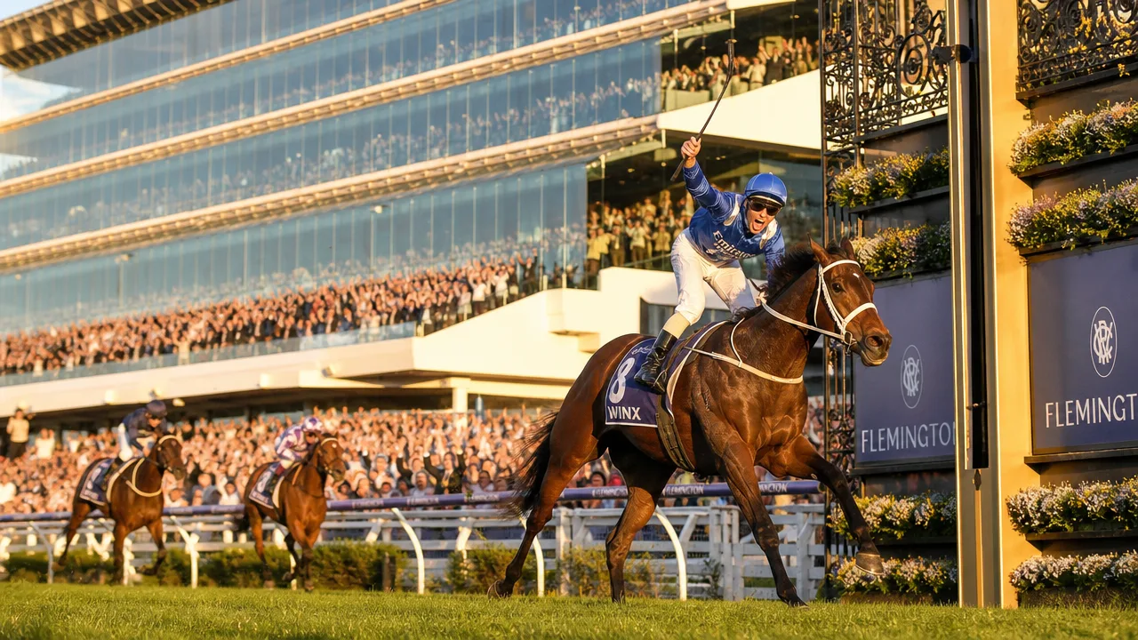 Winning jockey celebrating at Flemington Racecourse with packed grandstand