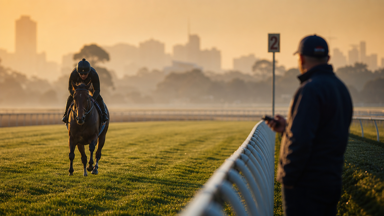Thoroughbred training at dawn with trainer watching from the rail, Melbourne skyline in the mist