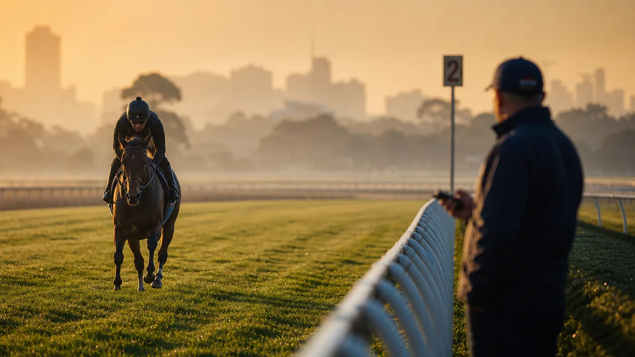 Thoroughbred training at dawn with trainer watching from the rail, Melbourne skyline in the mist